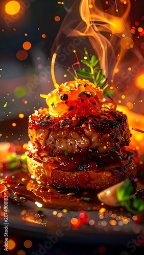 A mouthwatering stack of food with steam rising