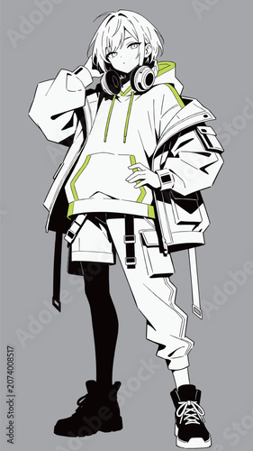 Anime-style character with headphones and streetwear fashion