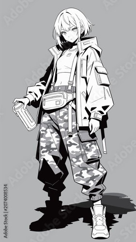 Anime Girl in Urban Streetwear with Camouflage Pants
