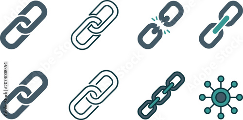 Foto Chain Link and Hyperlink Icon Set with Broken Chain Connected Nodes and Network
