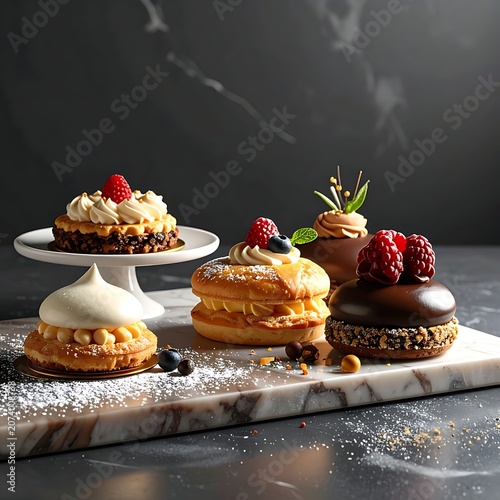 A selection of assorted pastries on a marble serving board