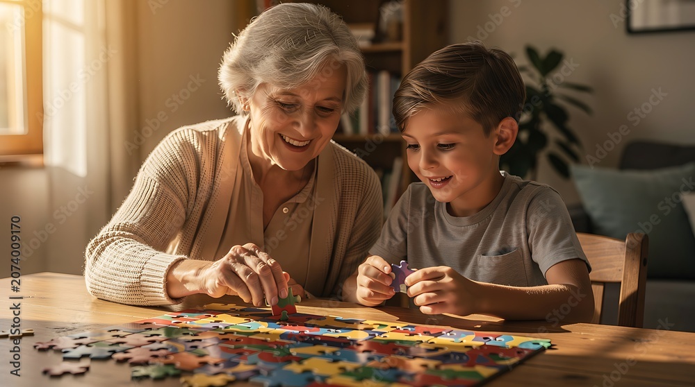 Fototapeta premium Smiling senior grandmother and her young grandson assembling a colorful puzzle at a wooden table, portraying heartwarming family generation connection