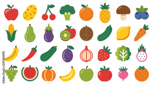 A flat cartoon-style illustration of various colorful fruits and vegetables.