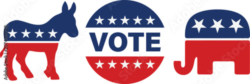 Bild auf Leinwand American Election Vote Icon Set with Democratic Party Symbols Donkey Elephant an