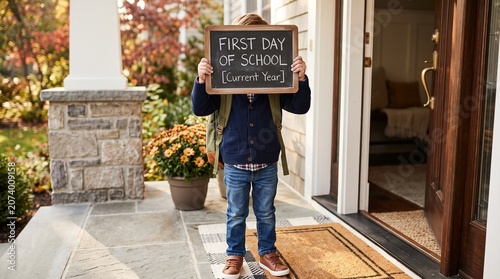 Little Boy Standing on Porch for Back to School First Day