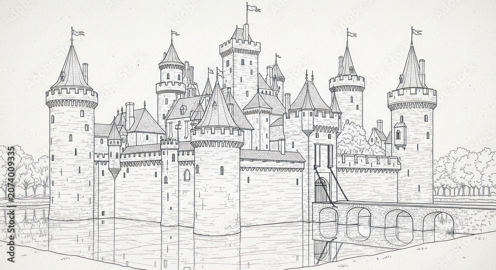 Fototapeta premium Detailed black-and-white sketch of a medieval castle surrounded by moat