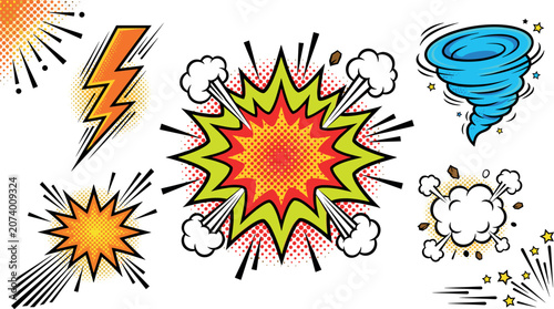 Cuadro en lienzo Comic Book Explosion and Pop Art Vector Special Effects Set with Lightning Bolt,