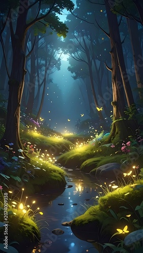 A serene forest scene at dusk with fireflies and a stream
