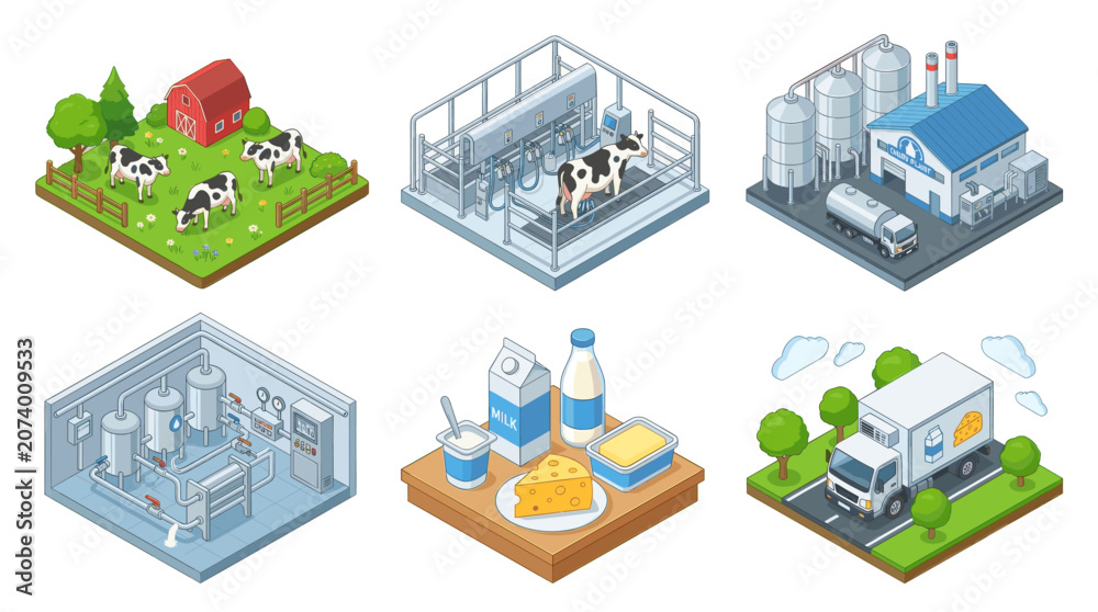 Fototapeta premium Dairy Production and Milk Processing Isometric Vector Set