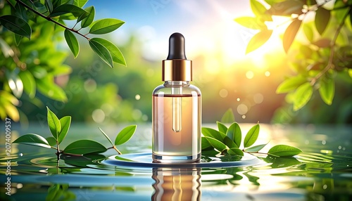 A serene glass dropper bottle in a natural setting