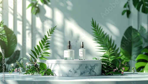 A serene indoor setting with lush greenery and skincare products