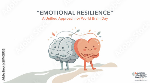 Minimalist banner illustration featuring brain and heart characters standing together as supportive partners. Represents emotional resilience, mental strength, empathy, and cognitive balance.