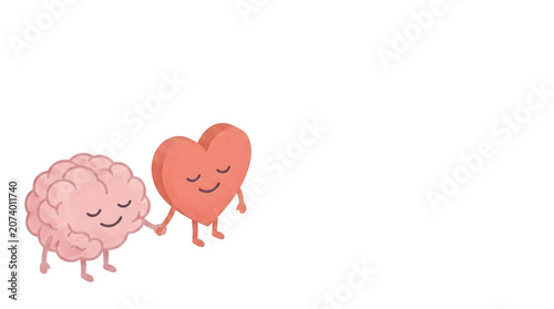 Modern minimalist illustration showing a peaceful connection between brain and heart, representing emotional intelligence, self-awareness, empathy, and cognitive balance