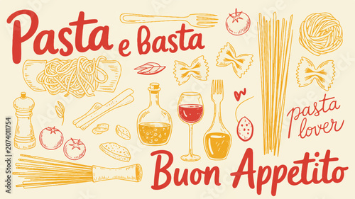 A hand-drawn business concept illustration of food and drink items