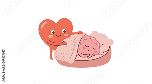 Minimalist emotional wellness illustration showing a heart gently covering a sleeping brain with a blanket. Symbolizes self-compassion, emotional care, mental recovery, and healthy cognitive wellbeing