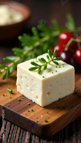 Feta cheese with thyme and olives on a wooden board, thyme, olive