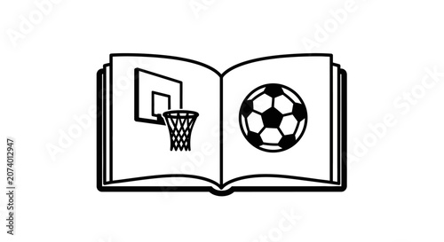 Open Book with Basketball Hoop and Soccer Ball Icon - Sports Education and Learning Vector Outline Illustration
