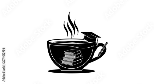 Education and Study Concept: Coffee Cup with Books, Graduation Cap, and Pen. Symbol of Academic Knowledge and Learning.