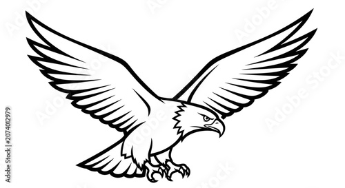 Majestic Dynamic Flying Eagle with Spread Wings Line Art Illustration. Black and White Vector Sketch Design.