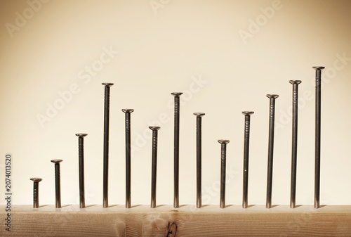 Row of nails in wood arranged as a statistical graph