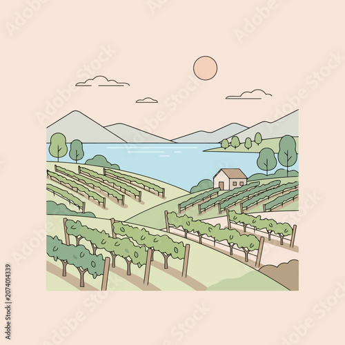 A peaceful vineyard landscape overlooks a calm blue lake