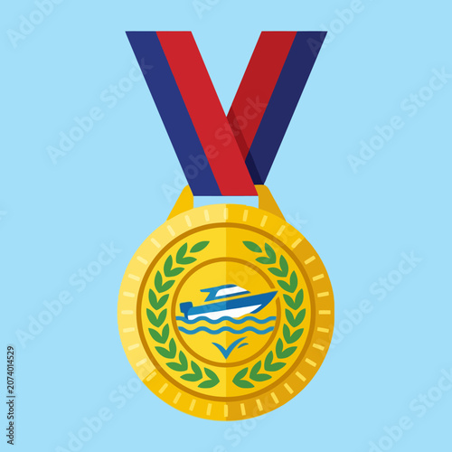 Gold medal with a boat icon and red blue ribbon