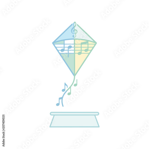 A colorful kite decorated with musical notes floats in the air