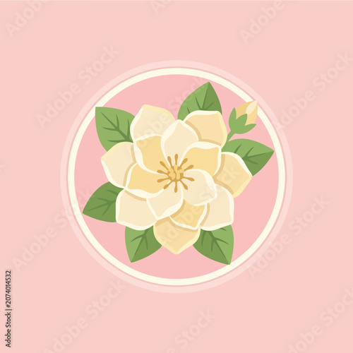 A beautiful cream flower sits inside a soft pink circle frame
