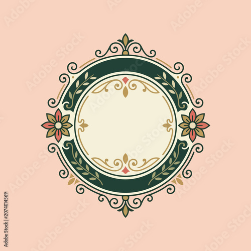 Elegant vintage floral circular frame on pink background