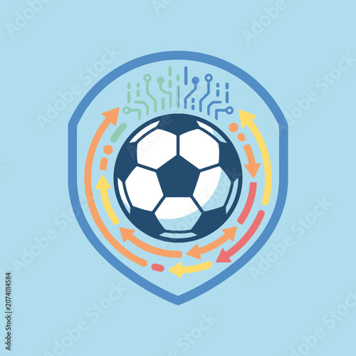 A digital soccer ball icon inside a modern shield emblem design