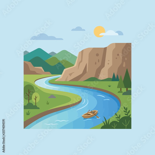 A small wooden boat floats on a winding blue river