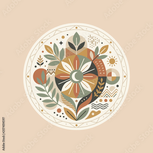 A circular decorative illustration featuring botanical and geometric shapes