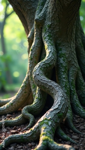 Intricate silver vines entwining ancient tree roots , mystical, mystic