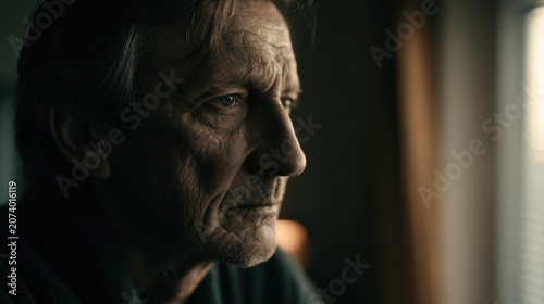 Head and shoulders of an older man from the side, with a thoughtful gaze directed to the side. His face is characterized by deep wrinkles. The frame is dark, emphasizing the man's silhouette.
