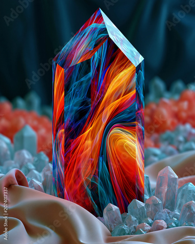 Abstract Colorful Crystal Tower in Dark Futuristic Glow