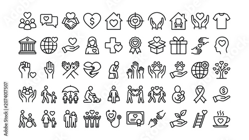 Bild auf Leinwand Line icons of people helping each other and charitable giving and health and lov