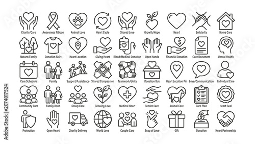 Bild auf Leinwand Collection of line icons related to care and love concepts including charity fam