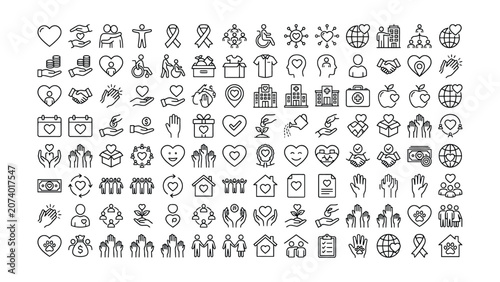 Obraz na plátně Line icons of people helping each other and charitable giving and health and lov