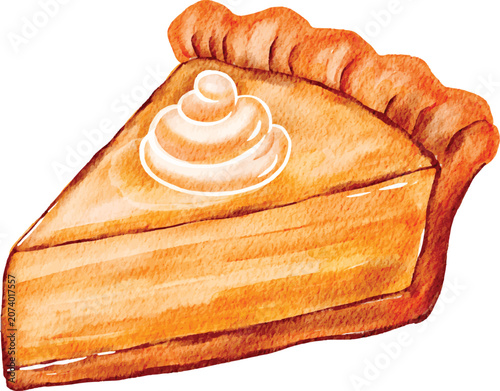 Watercolor Slice of Autumn Pumpkin Pie with Whipped Cream