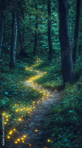 Winding path through a dark, mystical forest illuminated by glowing yellow lights creating an enchanting atmosphere