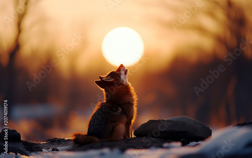 Young wolf pup sitting on a snowy rock and howling towards the large setting sun during golden hour