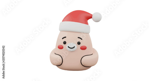 Smiling cartoon snowman wearing Santa hat.