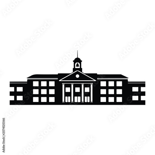 Black silhouette of a school building with a clock tower, white background