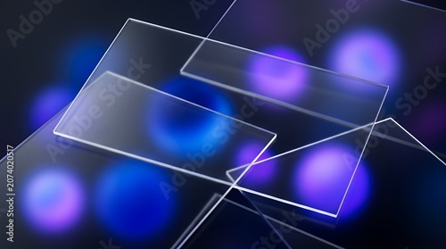 Layered transparent glass rectangles with neon blue light