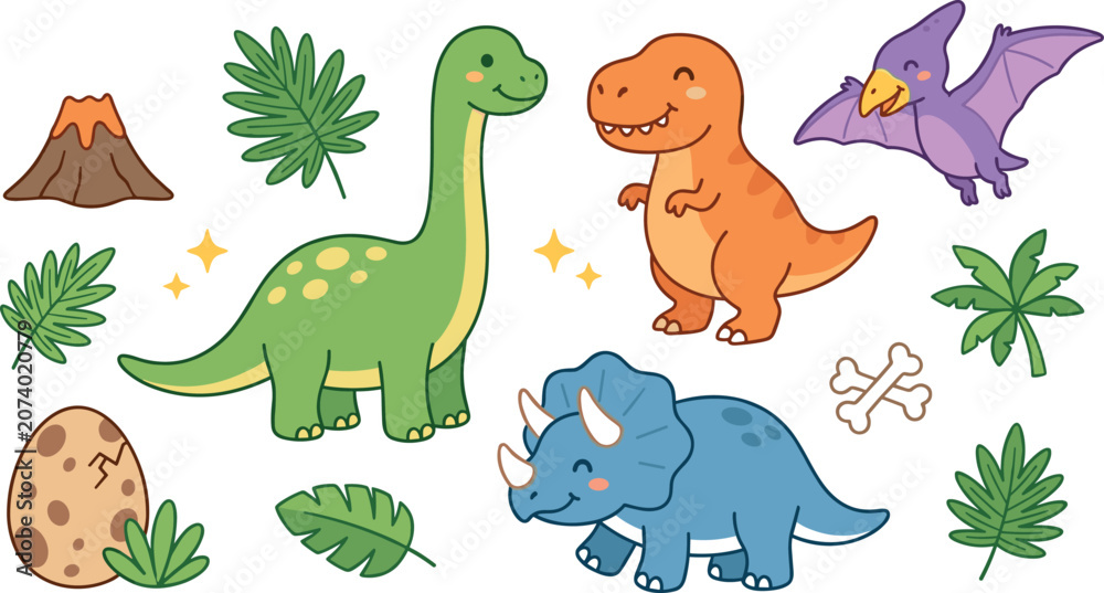 Fototapeta premium Cute Cartoon Dinosaur Vector Set with Friendly T-Rex, Brachiosaurus, Triceratops, Pterodactyl, Volcano, and Tropical Jungle Leaves for Nursery Kids Graphic Designs