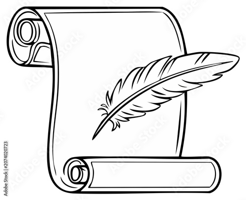 Scroll of parchment and feather quill pen, writing concept