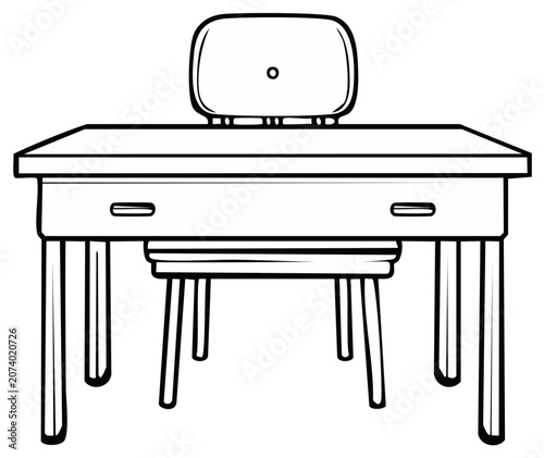 Outline illustration of a vintage school desk with a chair and a bench.