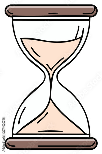 Stylized hourglass icon with brown frame and beige sand, flowing time measurement symbol, deadline, progress, vector icon.