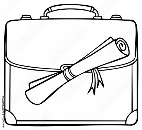 Line Art of a Briefcase Holding Diploma for Career, Education, Graduation Achievement, and Workplace Success