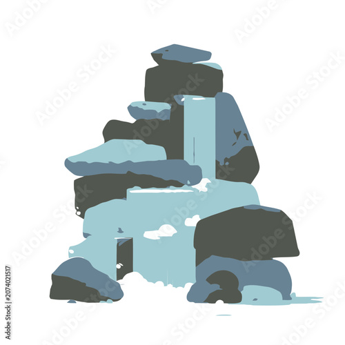 Flat illustration of rock formation with waterfall and cave